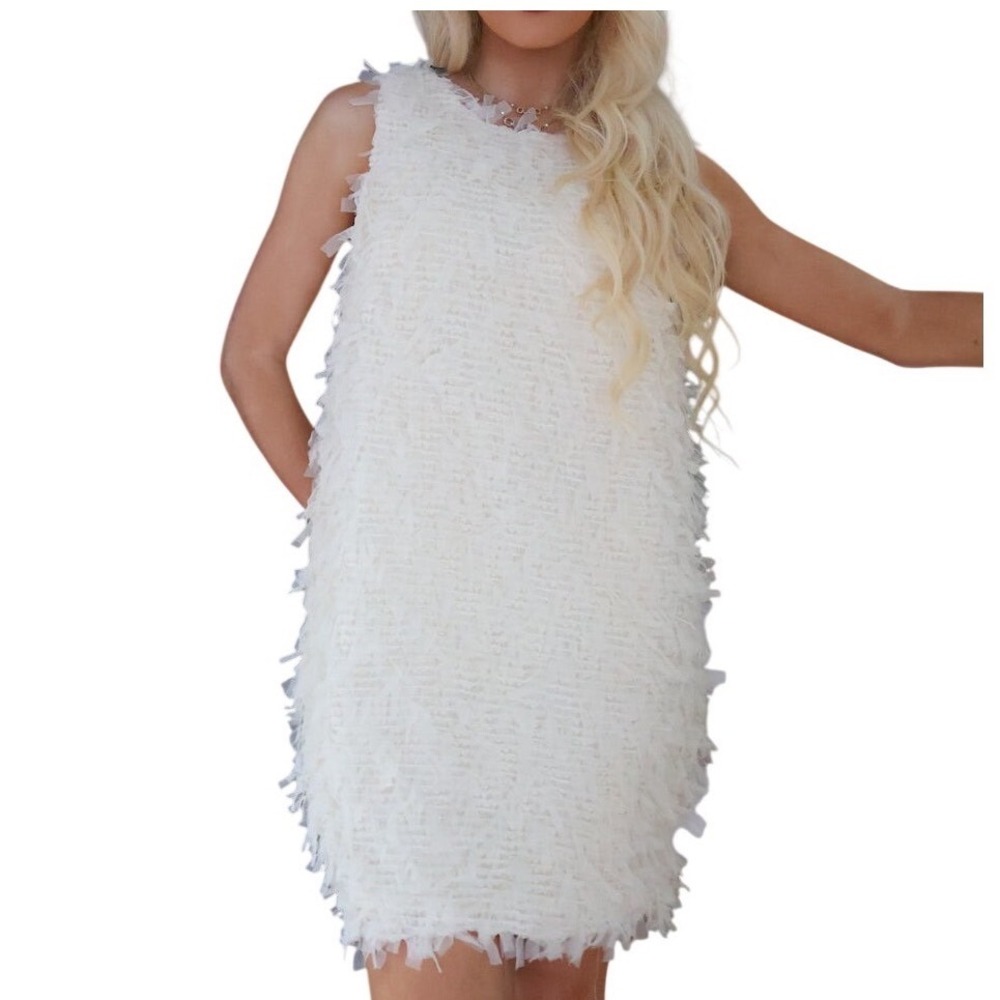 Mable‎ Fringe Tulle Mini Dress Womens Small ivory White Oversized Back Bow